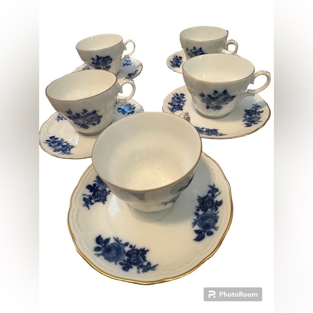 Vintage Wunsiedel Bavaria Germany Blue Rose Setof 5 Teacups/5 Saucers 10 Pieces